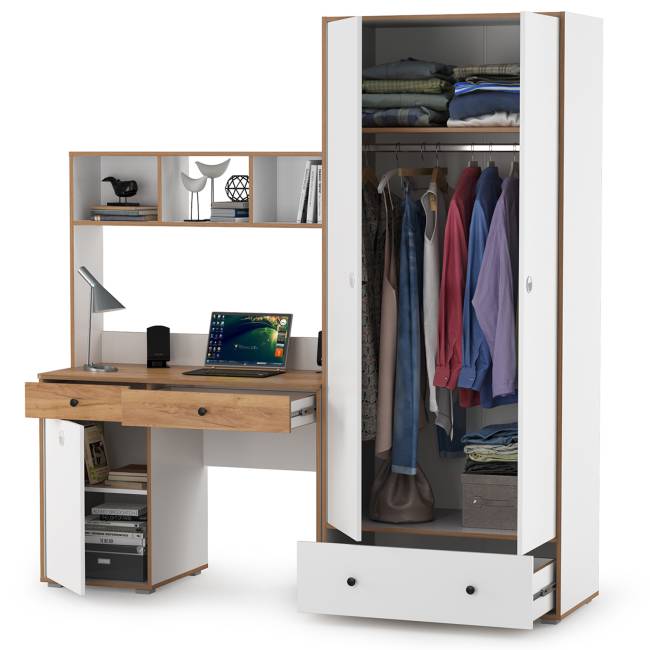 Компьютерный стол и шкаф Вуди цвет белый премиум/дуб крафт золотой Компьютерный стол и шкаф Вуди цвет белый премиум/дуб крафт золотой