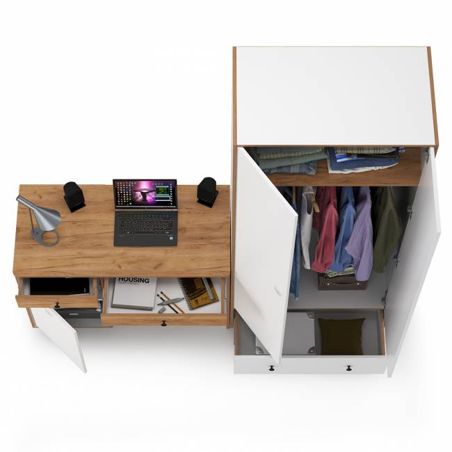 Письменный стол Вуди и платяной шкаф цвет белый премиум/дуб крафт золотой