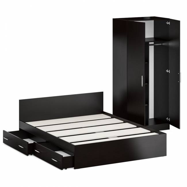 Двуспальная кровать с ящиками 1600 со шкафом для одежды 2-х створчатым Стандарт цвет венге Двуспальная кровать с ящиками 1600 со шкафом для одежды 2-х створчатым Стандарт цвет венге