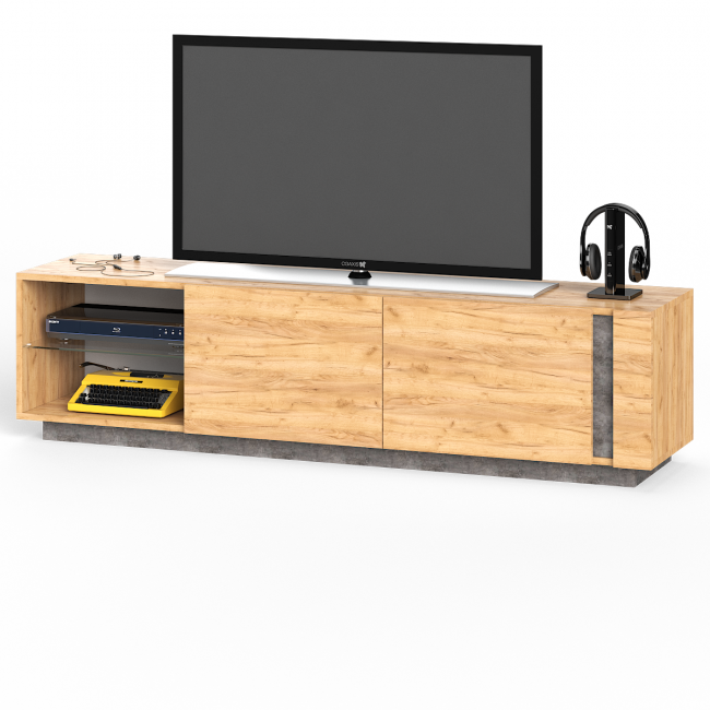 Тумба под ТВ широкая Арчи 10.86 цвет дуб крафт золотой/камень тёмный, есть подсветка Тумба под ТВ широкая Арчи 10.86 цвет дуб крафт золотой/камень тёмный, есть подсветка