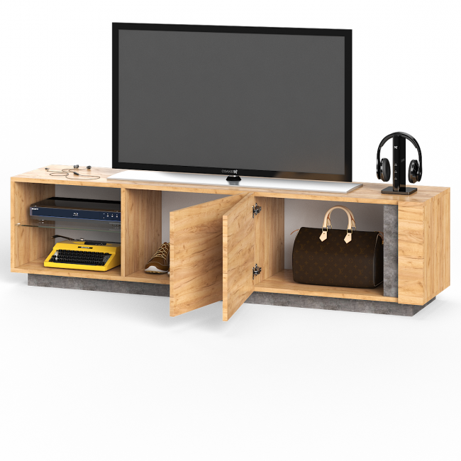 Тумба под ТВ широкая Арчи 10.86 цвет дуб крафт золотой/камень тёмный, есть подсветка Тумба под ТВ широкая Арчи 10.86 цвет дуб крафт золотой/камень тёмный, есть подсветка