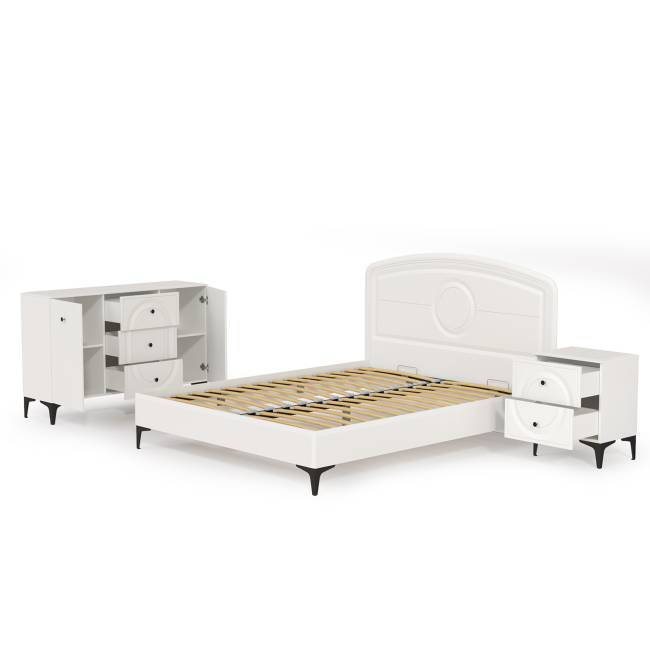 Комод Валенсия с кроватью 1600 и прикроватной тумбочкой цвет белый шагрень