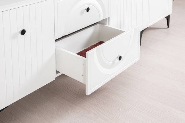 Тумба для ТВ с двумя навесными полкой Валенсия цвет белый шагрень